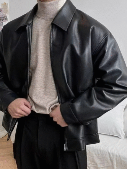Men’s Lightweight Leather Jacket – Korean Style Casual Moto Baseball Fit