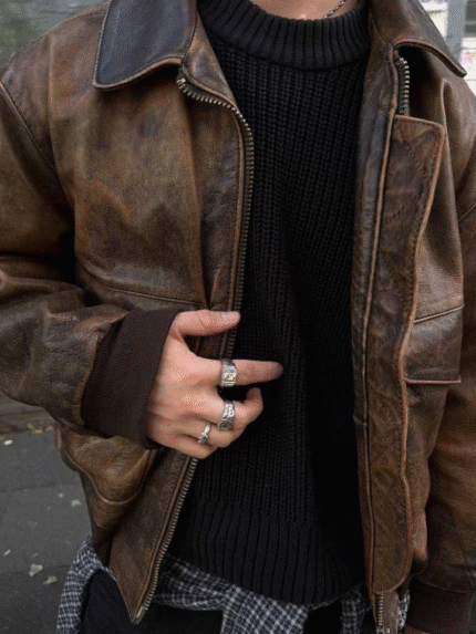 Men’s Vintage Distressed Leather Bomber Jacket – Retro Aviator Oversized 90s Style