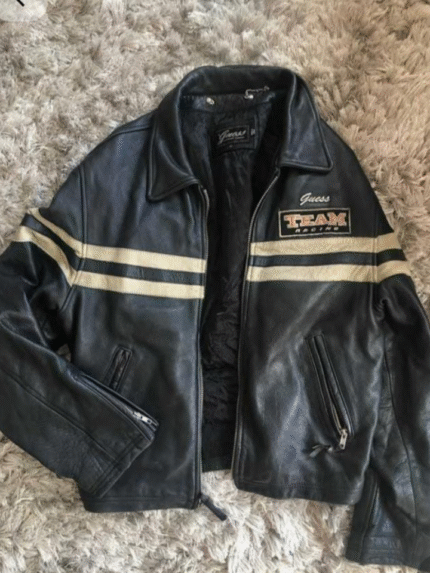 Vintage Striped Biker Leather Jacket – Heavyweight Motorcycle Style, Men’s Size L (NY Tour Edition)